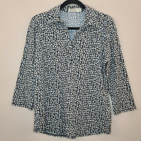 Faded Glory Top Womens Medium Brown Black Print Knit Popover Collared Casual - Picture 1 of 12